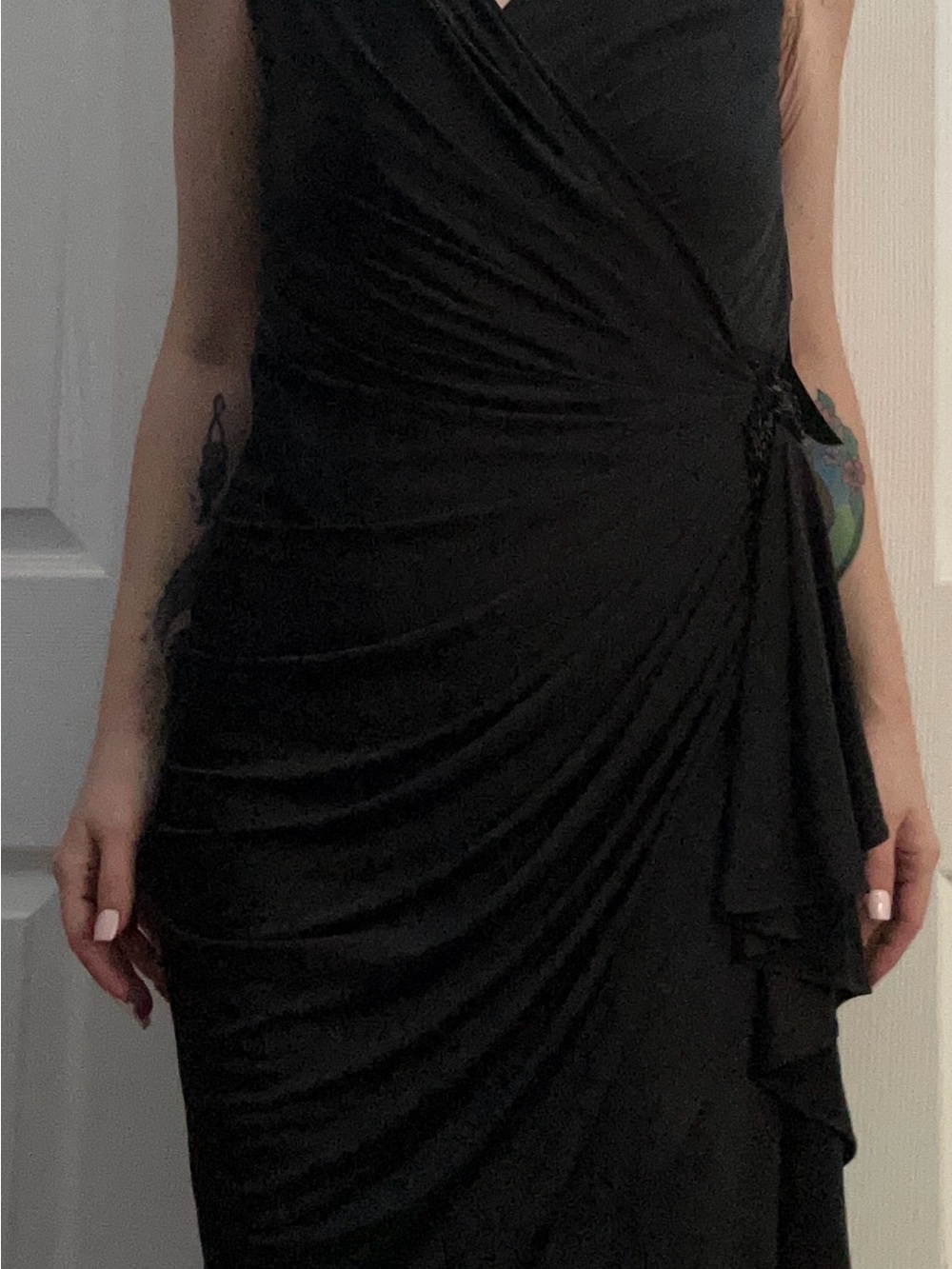 Aidan Mattox Classic Black Ruched Wrap Midi Dress